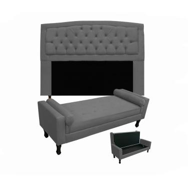 Imagem de Conjunto Cabeceira Geovana + Calçadeira Fênix Casal 140cm Suede Cinza - LM DECOR