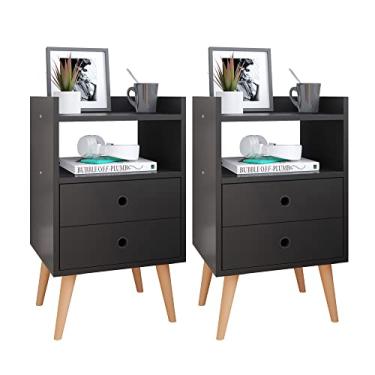 Imagem de Conjunto Mesa de Cabeceira Kit Mesinha Canto Quarto Lateral Cama 2 Gavetas Organizadoras Retrô Quarto - Dream RPM (PRETO)
