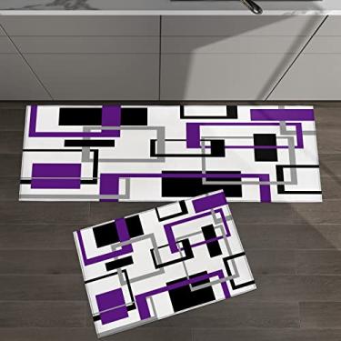 Imagem de Conjunto de 2 tapetes de cozinha padrão geométrico abstrato de meados do século quadrado roxo preto para tapetes acolchoados e tapetes antiderrapantes absorventes corredor confortável tapete de pé