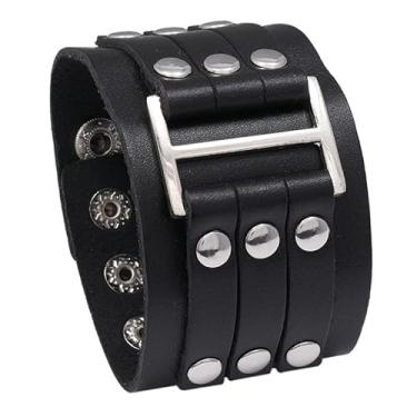 Imagem de YingHwa Pulseira masculina de couro larga, retrô com rebites multicamadas, legal, estilo hip-hop, rock, pulseira de couro larga, pulseira de pulso, Couro, Sem pedras preciosas