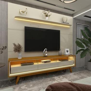 Imagem de Rack com Painel para Tv até 85 Polegadas Led 3 Gavetas com Pés Madeira 220cm Royal/requinte Off White/naturale-off White
