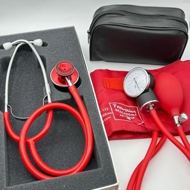 Imagem de Kit Enfermagem Acadêmico Vermelho Estetoscópio Bioland e Esfigmomanometro Com Bolsa Premium