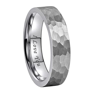 Imagem de TUTISS Anéis de carboneto de tungstênio martelado prata preto e dourado de 6 mm 8 mm para homens e mulheres, alianças de casamento com acabamento fosco I Love You Gravado Ajuste confortável, Metal não