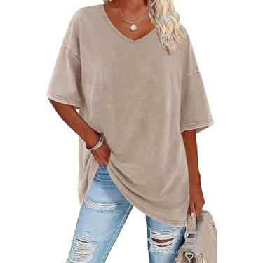 Imagem de Flowyair Camisetas femininas de verão, folgadas, de algodão, manga curta, básicas, gola V, estilo túnica, Bege cinza, XXG