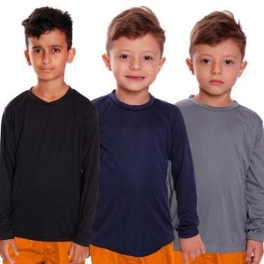 Imagem de Kit 3 Camiseta Infantil Menino Proteção UV Térmica Solar Manga Longa Camisa Esporte Camisetas-Masculino