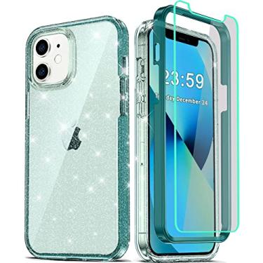 Imagem de COOLQO Capa compatível com iPhone 12 Mini, com [2 x protetor de tela de vidro temperado] glitter transparente 360 cobertura total macia 3 em 1 capa protetora de telefone verde