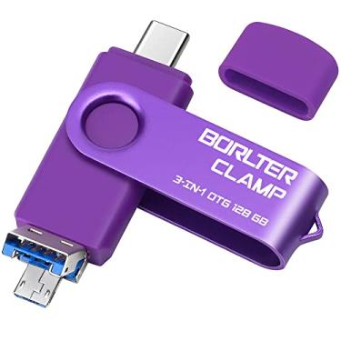 Imagem de Pen Drive USB 3.0 de 128 GB 3 em 1 para telefones Android, cartão de memória OTG BorlterClamp com 3 portas USB (USB C, microUSB, USB A) para Samsung Galaxy, LG, tablets, PC e mais, roxo