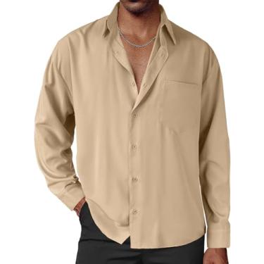 Imagem de Camisa social masculina de cetim brilhante, manga comprida, abotoada, luxuosa, de seda, ombro caído, ajuste relaxado, camisa de festa de formatura, Caqui, 3G