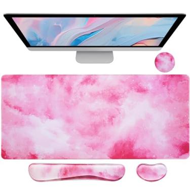 Imagem de Bloss Clouds Mouse Pad e teclado descanso de pulso, tapete de mesa 4 em 1, tapete de mesa fofo fácil de digitar e aliviar a dor, decoração de mesa para mulheres meninas - nuvens rosa (90 x 40 cm)