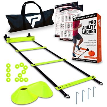 Imagem de Escada e cones Pro Agility – Escada de velocidade fixa de 7,6 m com 12 cones de disco para futebol, futebol, esportes, exercícios, treinamento, treino de pés – Inclui 4 estacas de metal e bolsa de transporte resistente, Florescent Yellow, 15 Foot Agility Ladder with 12 Speed Cones