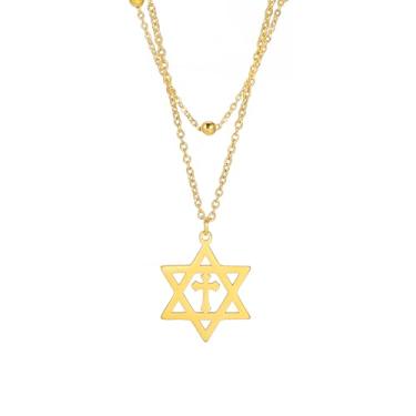 Imagem de UNIFT Colar feminino de estrela de Davi, pingente hexagonal judaico clássico de aço inoxidável com colares de cruz, joia Isael, amuleto religioso, Aço inoxidável, Sem Pedra Preciosa