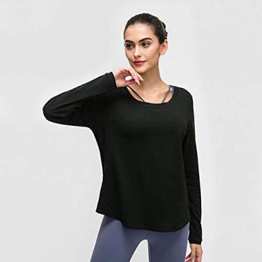 Imagem de Moletom puro algodão secagem rápida roupas de ioga casual solto oco respirável esportes fitness camiseta feminina outono e inverno, preto, 4