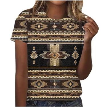 Imagem de MaMiDay Camisetas femininas ocidentais de manga curta gola redonda blusas leves e confortáveis camisetas estampadas astecas, A01#marrom, M