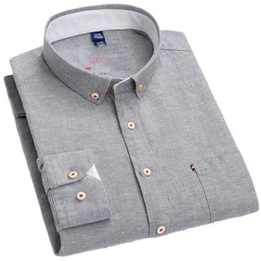 Imagem de Camisa masculina de algodão xadrez listrada de linho com bolso único confortável para respiração e manga comprida com botões, 5-3, M