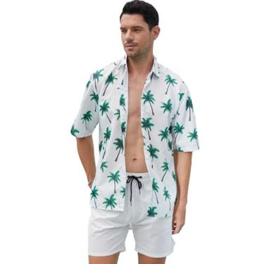 Imagem de Eisctnd Camisa havaiana masculina de verão, praia, manga curta, abotoada, camisas tropicais, Coco verde, PP