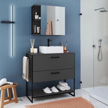 Imagem de Gabinete de Banheiro Industrial de Chão 80cm com Cuba Sobreposta Branca e Espelheira Preto / Grafite