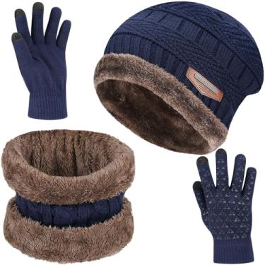 Imagem de Conjunto de 3 Peças Luvas Gorro Cachecol Masculinas Touca Inverno Masculina Quente com Caveira, Azul Marinho, Um tamanho, Elástico