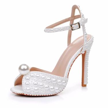 Imagem de Crystal Queen Sandálias de salto agulha com pérolas completas, salto alto, sandálias peep toe, pérolas brancas, sapatos de casamento para noite e casamento, salto alto para noivas, Salto branco de 11