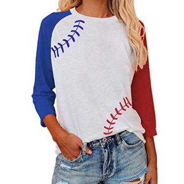 Imagem de ZUNQKG Camisetas femininas com bandeira da América das Estrelas, manga 3/4, gola redonda, raglan, patchwork, 4 de julho, patriótica, Manga C-3/4 branca, G