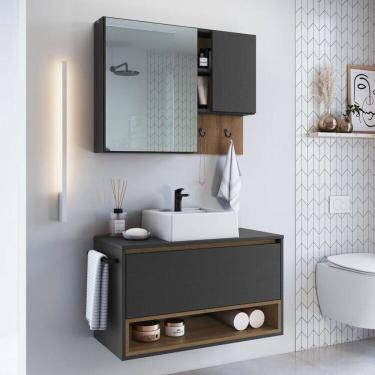 Imagem de Conjunto para Banheiro Gabinete Suspenso 80cm com Toalheiro Cuba e Espelheira Cj8060.10 Mel/Grafite
