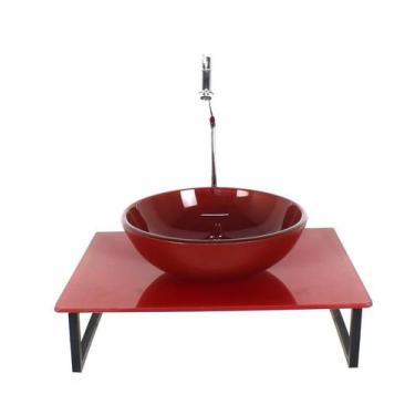 Imagem de Kit Cuba Vidro Redonda 10Mm Tampo 50Cm Vermelho Cereja Full - Cubas E 