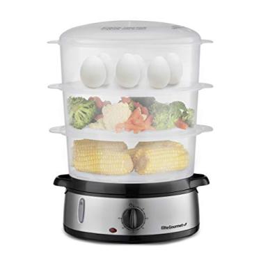 Imagem de Vaporizador de alimentos elétrico Maxi-Matic com 3 bandejas aninhadas sem BPA com suporte para ovos, 650 W de aquecimento rápido, 8,5 Qt, aço inoxidável, Stainless Steel, EST-4401, 1
