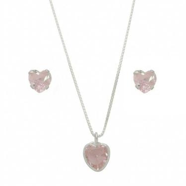 Imagem de Colar De Prata 925 50cm Pingente Brinco Ponto De Luz Rosa - DR Joias