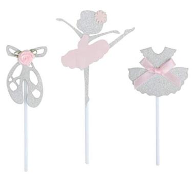 Imagem de Pacote com 24 chinelos de balé de bailarina prata com glitter, vestido tutu, saia para meninas, topos de cupcake com laço de nó rosa ou flor para festa de aniversário, chá de bebê, casamento, chá de