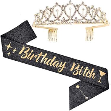 Imagem de LATFZ Kit de faixa e coroa Birthday Bitch – faixa de aniversário com glitter preto, presentes de aniversário para mulheres artigos de festa de aniversário (ouro preto)