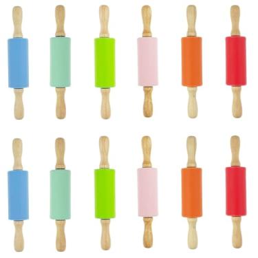 Imagem de Zelerdo Pacote com 12 mini rolo de massa infantil de 23 cm, cabo de madeira para cozinha doméstica