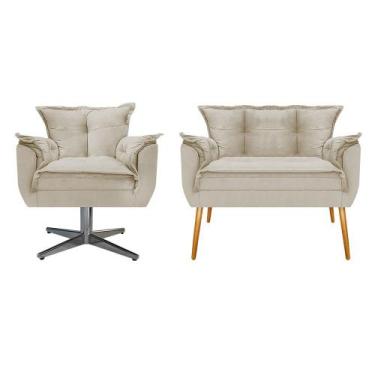 Imagem de Kit Namoradeira e Poltrona Opala Base Giratória de Metal Suede Bege - 