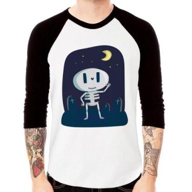 Imagem de Camiseta Raglan Esqueleto Manga 3/4 - Foca na Moda, Branco, Preto, GGG