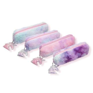 Imagem de Estojo Escolar Juvenil Pelúcia Pelinhos Chaveiro Unicórnio Multicolori