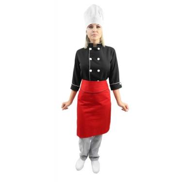 Imagem de Kit chef cozinha feminino Dolmã manga 3/4 + Avental vermelho + Chapéu 