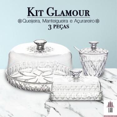 Imagem de Kit Glamour 3 peças Queijeira Mantegueira Açucareiro Linha Cristal - P