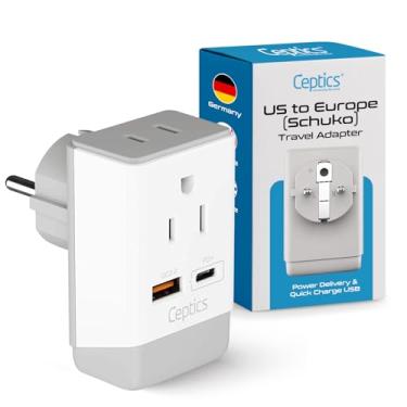 Imagem de Adaptador de plugue de viagem Alemanha França, QC 3.0 e PD da Ceptics, Safe Dual USB e USB-C - 2 soquetes compactos e poderosos - Uso na Coréia, Rússia, Espanha, Noruega - Tipo E/F AP-9 - Carregamento rápido