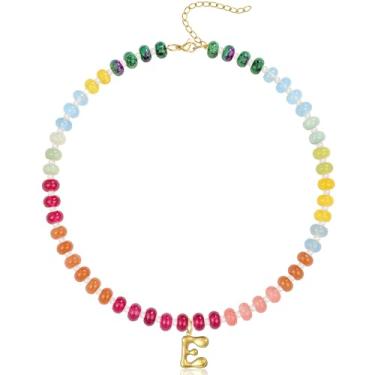 Imagem de QILMILY Colar feminino com inicial inicial de bolha, pingente de letra dourada, gargantilha com pedras preciosas e contas feitas à mão, joia de pedra natural, 16 inches, Cobre, Sem Pedra Preciosa