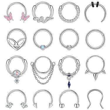 Imagem de LOYALLOOK 16 peças 16G anéis de septo argola para mulheres homens pingente de aço cirúrgico joia septo clicker ferradura nariz anéis argola segmento articulado daith hélice tragus cartilagem brincos piercing, Aço inoxidável, Zircônia cúbica