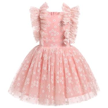 Imagem de OBEEII Vestido de aniversário para meninas, meninas, lantejoulas, bolinhas, tule, vestido de festa, concurso, sessão de fotos, Margarida rosa, 5-6 Anos