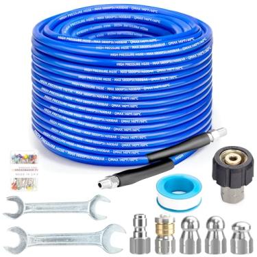 Imagem de Kit de jateador de esgoto flexível de 150 pés para lavadora de pressão, mangueira de limpeza de drenagem 5800psi com rotação de canto Npt de 1/4 polegada e chave inglesa de bico de esgoto de nariz de