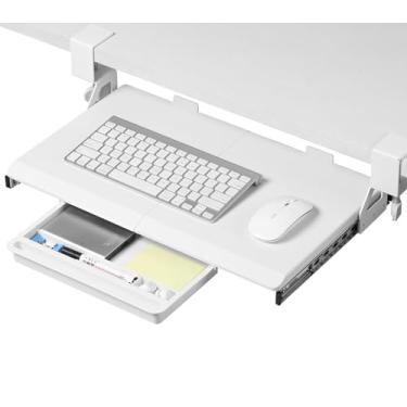 Imagem de ETHU Bandeja de teclado embaixo da mesa, 50 cm x 31 cm tamanho pequeno C braçadeira gaveta de teclado sob mesa, suporte deslizante para teclado de computador, bandeja de teclado ergonômica para casa,