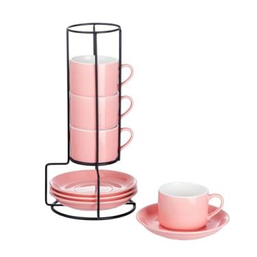 Imagem de Meichu Copos de café expresso empilháveis de porcelana de 118 ml com pires e suporte de metal, conjunto de 4 xícaras de cappuccino empilháveis, conjunto de copos rosa Expresso Shots para bebidas de