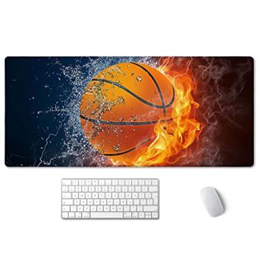 Imagem de SSOIU Mouse pad para jogos estendido (90 x 40 cm), bola de basquete em fogo e água grande base de borracha antiderrapante Mousepad com bordas costuradas, teclado impermeável para trabalho, jogos, escritório