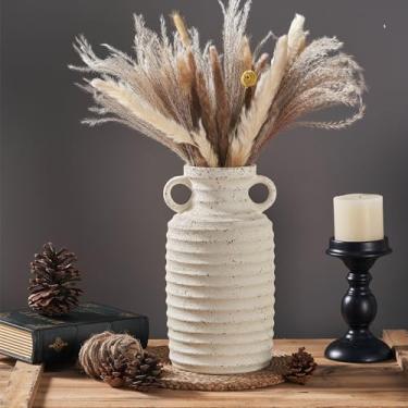 Imagem de Vaso rústico de cerâmica, vaso de flores vintage grande, vaso decorativo rosqueado de 35 cm, vaso de fazenda com 2 alças, vaso decorativo de flores de cerâmica para pampas, vaso de terracota (branco