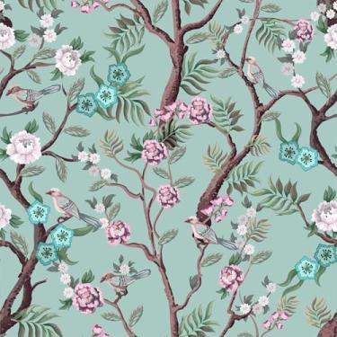 Imagem de VEELIKE Papel de parede floral verde vintage chinoiserie papel de parede verde pássaro papel de parede para quarto banheiro casa de fazenda 17,7 x 354 polegadas papel de parede removível pré-colado