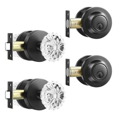 Imagem de Leydebong Conjunto de maçanetas de vidro de cristal com fechadura de fechadura, maçanetas de porta de entrada resistentes com chave e conjunto de fechaduras, fechadura externa e maçaneta da porta da