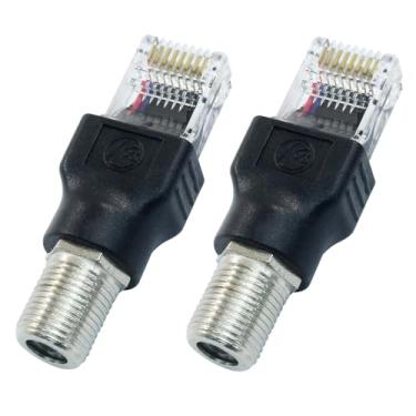 Imagem de Jiozermi 2 peças de adaptador conversor RF para RJ45, adaptador coaxial para Ethernet coaxial Rf F fêmea para RJ45 macho conversor para testador de linha (preto)