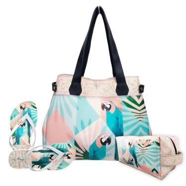 Imagem de Kit Tropical Feminino Araras Azuis com Bolsa, Necessaire e Chinelo, Magicc KIT-189