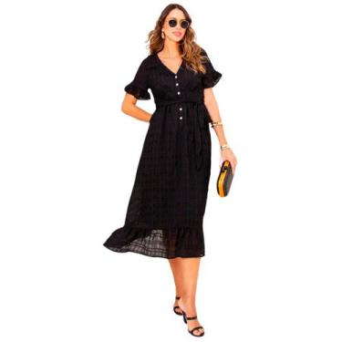 Imagem de Vestido midi manga curta em algodão texturizado com forro elegante - S