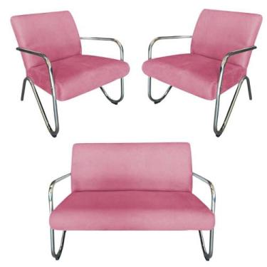 Imagem de Kit Namoradeira + 2 Poltronas Decorativa Bela Suede Rosa Braço Cromado
